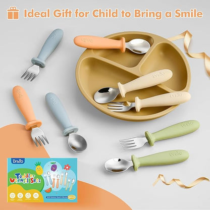 8 Pieces Toddler Utensils Set - Kids Silverware Set with Silicone Handle Children Safe 18/8 Stainless Steel Forks and Spoons Anti-Choke Design Food Grade Dishwasher Safe