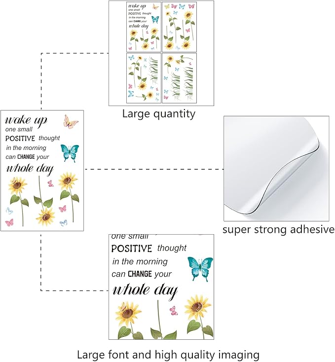 CREATCABIN 4pcs Sunflower Vinyl Wall Decals Butterfly Inspirational Quotes Wall Stickers Self-Adhesive Peel and Stick Watercolor Mural Decoration for Bedroom Living Room Kitchen Wardrobe Door Playroom