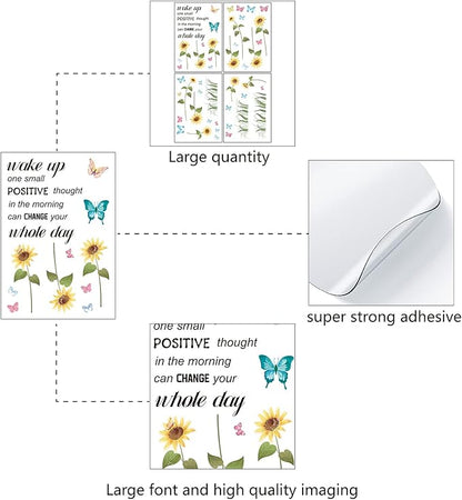 CREATCABIN 4pcs Sunflower Vinyl Wall Decals Butterfly Inspirational Quotes Wall Stickers Self-Adhesive Peel and Stick Watercolor Mural Decoration for Bedroom Living Room Kitchen Wardrobe Door Playroom