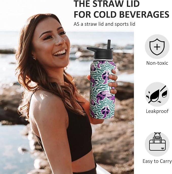 32 oz Sea Otter Water Bottle Insulated Vacuum Stainless Steel Sports Water Bottle with 2 Lids (Straw and Spout Lid) for Gym Camping Hiking