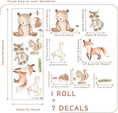 Removable Animals Wall Decals, Fox, Bear, Rabbit, Racoon, Animals Wall Baby Room Stickers, Animal Stickers for Nursery Kids, Bedroom, Playroom, Bathroom Decor