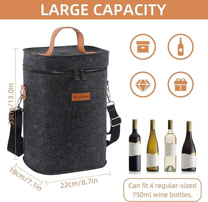 4 Bottle Carrier Tote, Thicken Felt Wine Carrier Padded Portable Wine Bottle Bag with Leather Handles & Shoulder Strap for Party, Picnic, Travel, BYOB (Dark Grey)