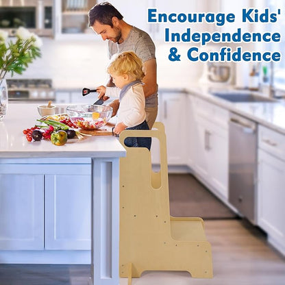 Large Kids Step Stool with Handles, Wooden Step Stool for Kids with Safety Anti-Slip Mats, Toddler Step Stool for Bathroom Sink, Kitchen, Toilet Potty Training, Washing Hands and Brushing Teeth