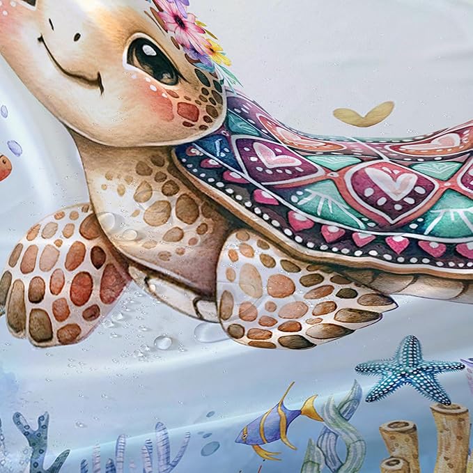AILONEN Cartoon Sea Turtle Shower Curtain,Kawaii Ocean Sea Turtle Bath Curtain Set for Kids Girls,Ocean Flowers Bathroom Curtains,Watercolor Blue Shower Curtains for Bathroom, 72" W*72" H