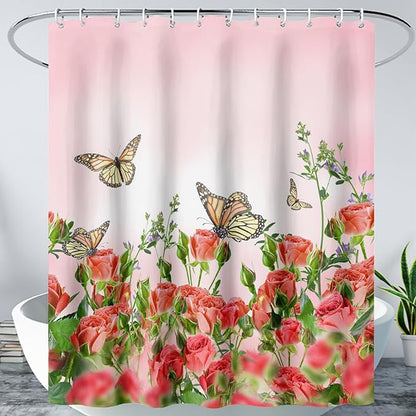 AILONEN Butterfly Shower Curtain for Bathroom, Red Flower Bath Curtain,Flying Butterfly Bathroom Curtain,Polyester Waterproof Bathroom Decor Curtain with 12 Plastic Hooks(36" W*72" H)