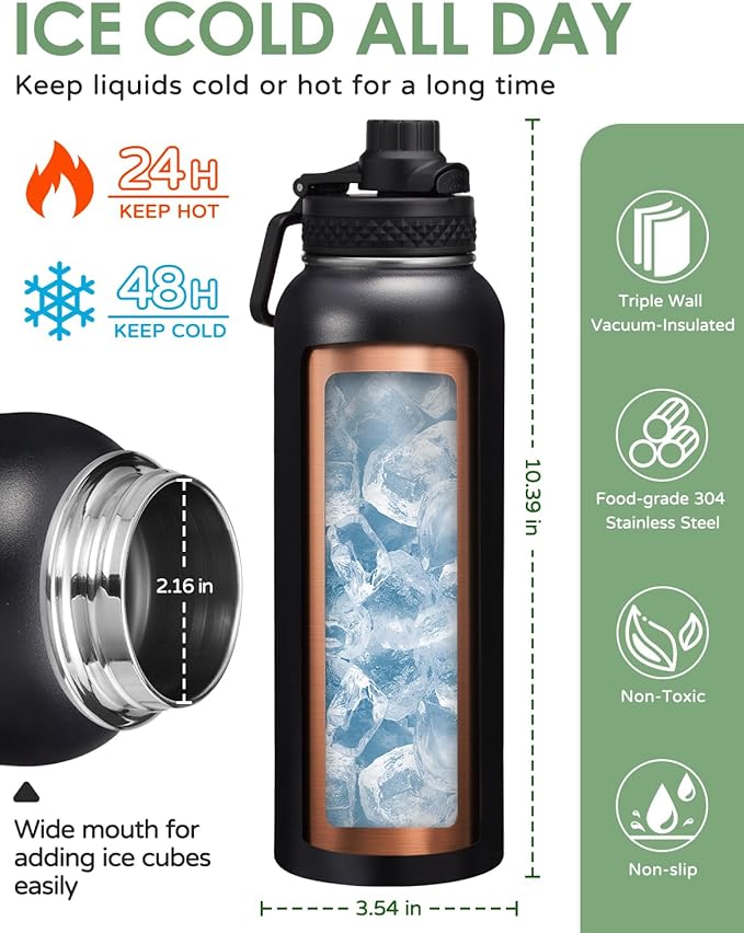 40 64 OZ Insulated Water Bottles with Straw - Keep Cold-48H Hot-24H, Metal Flask Reusable Water Bottle 40oz, Vacuum Thermal Mug with Strap Pouch & Paracord Handle for Sports Hiking Cycling Running