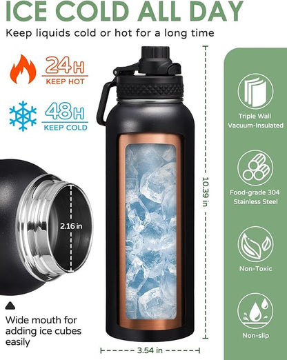 40/64oz Insulated Water Bottles with Straw - Paracord Handle & Strap Carrier, 40 oz Metal Flask Keep Cold 48Hrs, Vacuum Thermal Jug with Sling Bag for Sports Hiking Cycling Running