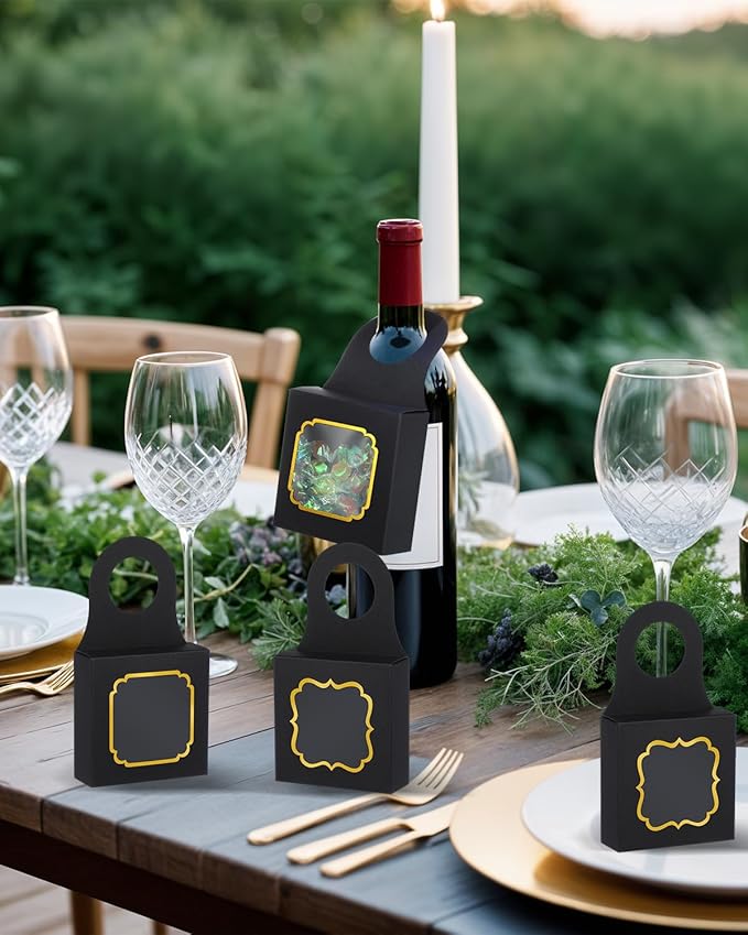 30 Pieces Wine Bottle Box with Window, Hanging Foldable Boxes for Wine, Champagne Bottle Hanger for Gifts, Empty Wine Bottles Favor for Candy Truffles Chocolate Cookies