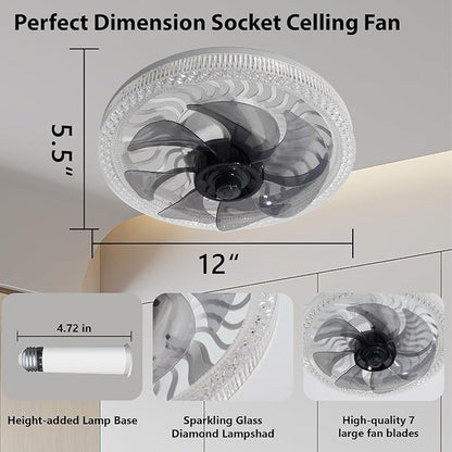 Light Socket Fan with Remote ,12.2''Socket Modern Flush Mount Low Profile Ceiling Fan,Screw in Socket Fan Light with Dimmable Brightness and Color Temp,for Bedroom, Small Living Room, Kitchen