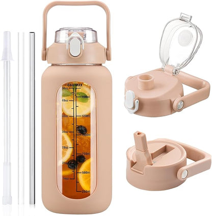 64 oz Glass Water Bottle with Straw and 2 Lids, Half Gallon Water Bottle with Sleeve, Large Insulated 2 Liter Glass Water Jug Time Marker with Handle - Light Amber