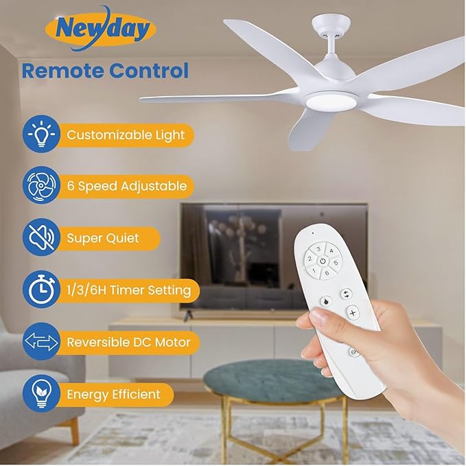 Newday 60" White Ceiling Fans with Light and Remote, Modern, Noiseless Reversible DC Motor, Large Indoor, Kitchen, Bedroom, Living Room
