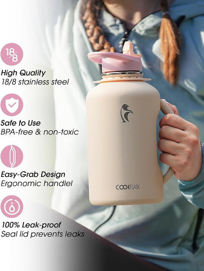 64oz Insulated Water Bottle, Coolflask Half Gallon Water Jug With Handle Straw Stainless Steel Double-Walled Vacuum Metal Large Flask With Strap Non-BPA Leakproof, Keep Cold 48 Hrs, Apricot Pink