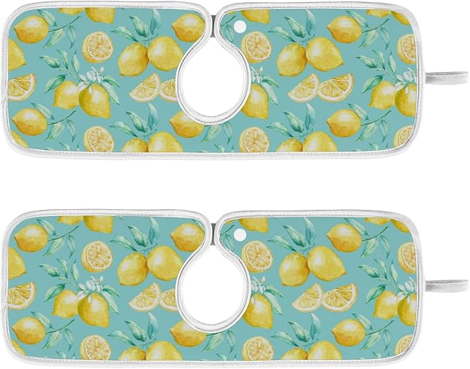 Lemon Turquoise Faucet Water Catcher Mat 2 Pack Flowers Leaves Summer Drying Mat Absorbent Bathroom Faucet Handle Drip Catcher Tray Bar RV Kitchen Sink Splash Guard 14x5 Inches