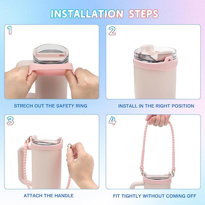 2PCS Water Bottle Handle Strap,Silicone Water Bottle Sling Compatible with Stanley Water Cup Accessories Water Bottle Holder with Strap Fits Most 8-40oz Water Bottles(Pink+Blue)