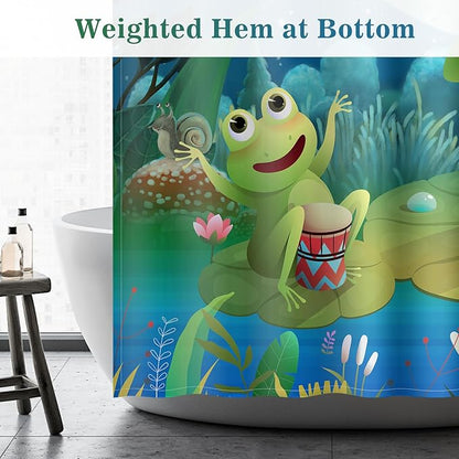 Aimego Extra Long Shower Curtain - Funny Cute Cartoon Frogs Lotus Leaf Floral Pond Moon Fun Fabric Cloth Shower Curtain Set with 12 Hooks for Kids Bathroom Decor Accessories Bathtub Curtain, 72"x84"