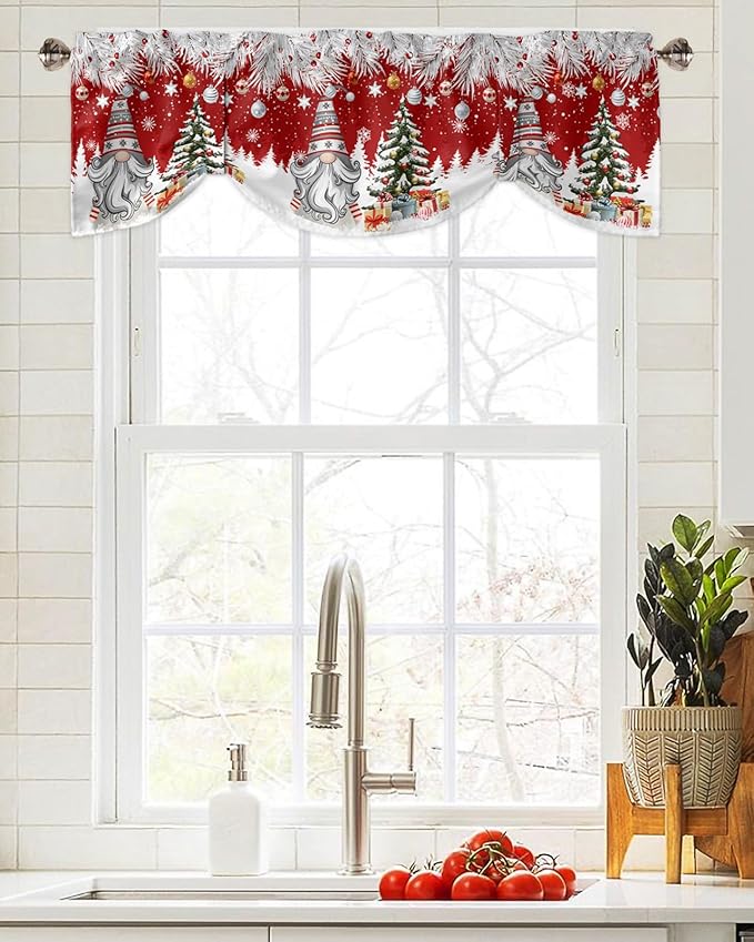 Christmas Gnome Blackout Tie Up Valance Curtains for Kitchen Windows Winter Merry Christmas Tree Balls Window Toppers Balloon Shades for Living Room/Bathroom/Bedroom,1 Panel, 60" X 18", Red
