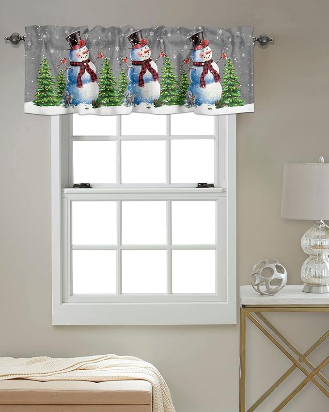 Christmas Snowman Kitchen Curtains Valances for Windows Winter Holidays Cardinal White Snowflake Rod Pocket Window Treatment for Kitchen /Living Room/Bedroom/ Bathroom,42" X 12" -1 Panel, Gray