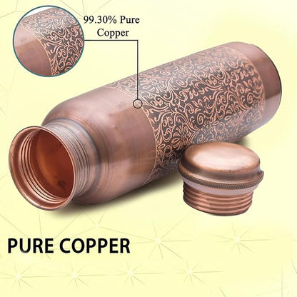 VJR Copper Bottle for Drinking Water 33 Oz Ayurvedic Leak Proof lid Floral Engraved Design Durable Lightweight Hand Washable Vessel Clean Cool Water Natural Minerals Boost Energy Safe Water Utensil