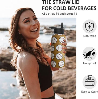 32 oz Baseball Water Bottle Insulated Vacuum Stainless Steel Sports Water Bottle with 2 Lids (Straw and Spout Lid) for Gym Camping Hiking