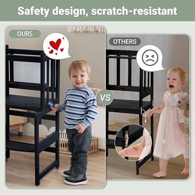 COSYLAND 3-in-1 Multifunctional Toddler Standing Tower, Kids Kitchen Step Stool with Whiteboard, Desk Table and Chair, Enjoys Unique Patented Design,FSC,CPC,SOR,CE, Black