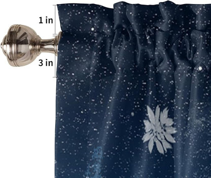 Christmas Valance Kitchen Curtains for Windows, Santa Claus Reindeer Rod Pocket Valances Window Treatments Blue Snowy Night Short Curtains for Bedroom/Living Room, 54" X 18" -1 Panel