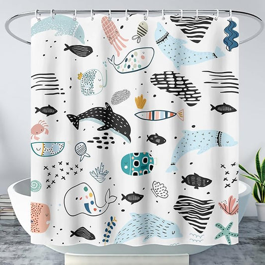 AILONEN Cute Cartoon Dolphin Shower Curtain,Kawaii Ocean Animal Dolphin Bath Curtain Set for Kids Girls Boys,Blue Dolphin Silhouette Fabric Shower Curtains for Bathroom, 72" W*96" H