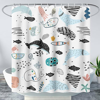 AILONEN Cute Cartoon Dolphin Shower Curtain,Kawaii Ocean Animal Dolphin Bath Curtain Set for Kids Girls Boys,Blue Dolphin Silhouette Fabric Shower Curtains for Bathroom, 72" W*78" H