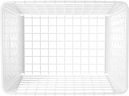 Tovolo Macklin, Stamped Steel & Wire Basket for Closet & Cubby Storage Vintage-Inspired Design with Customizable Label Plate, Medium, White