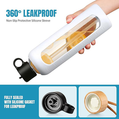 32oz Glass Water Bottle With 2 Lids-Flip Straw Lid, Bamboo Lid, Glass Water Bottle With Silicone Sleeve, Motivational Time Marker, Glass Juice Bottle for Cold Drink,White