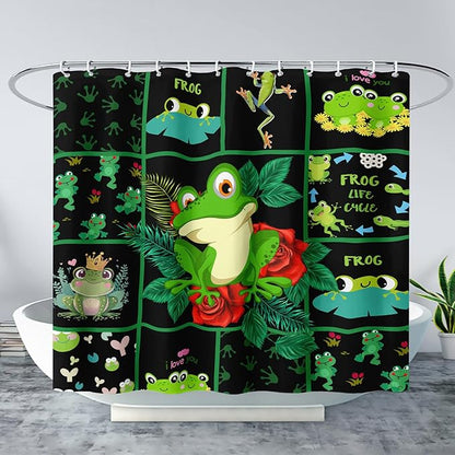 AILONEN Cartoon Frog Shower Curtain 72" W*84" H,Funny Frog Cartoon Green Animal Shower Curtain,Frog Lover Curtain Bathroom Decor Shower Curtain with 12 Hooks