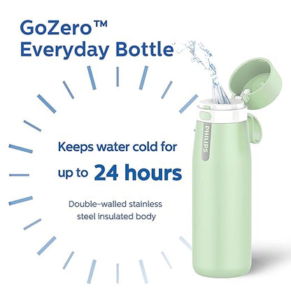 PHILIPS GoZero Everyday Insulated Stainless Steel Water Bottle Everyday Tap Water Filter BPA Free Transform Tap Water into Healthy Tastier Water Keep Drink Hot/Cold, 32 oz, Green