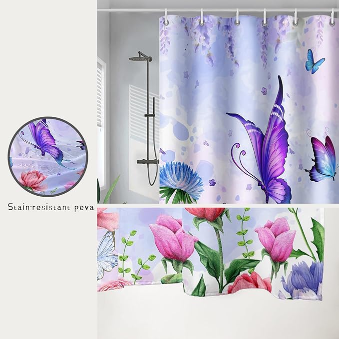AILONEN Girls Butterfly Shower Curtain for Bathroom,Colorful Floral Flower Purple Watercolor Butterfly Printed Bath Curtain 36" W*72" H Polyester Fabric Waterproof Bathroom Curtain with 12 Hooks