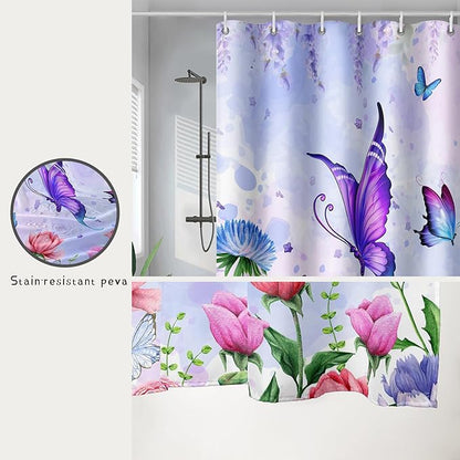 AILONEN Girls Butterfly Shower Curtain for Bathroom,Colorful Floral Flower Purple Watercolor Butterfly Printed Bath Curtain 72" W*78" H Polyester Fabric Waterproof Bathroom Curtain with 12 Hooks