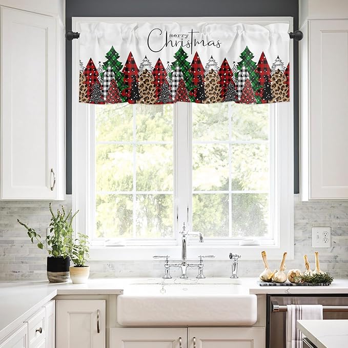 Merry Christmas Kitchen Curtains and Valances Set, Buffalo Plaid Xmas Tree Winter Forest Farmhouse Small Windows Treatments Tiers Short Curtains for Cafe /Living Room/ Bedroom 54x36 in Red Green