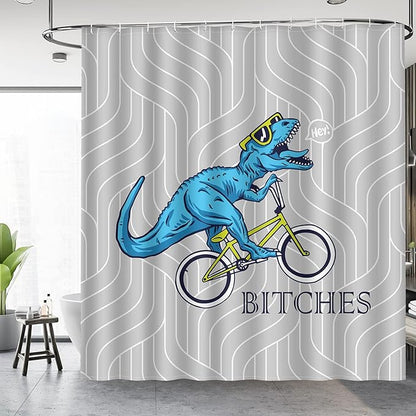 Aimego Extra Long Shower Curtain - Funny Cute Blue Dinosaur Ride A Bike Fun Dino Fabric Cloth Bath Shower Curtain Set with 12 Hooks for Bathroom Decor Accessories Bathtub Curtain, 72"x84"
