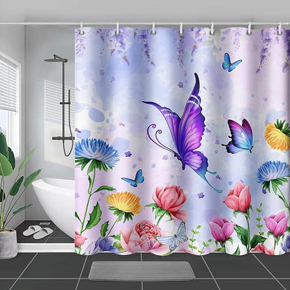 AILONEN Girls Butterfly Shower Curtain for Bathroom,Colorful Floral Flower Purple Watercolor Butterfly Printed Bath Curtain 72" W*84" H Polyester Fabric Waterproof Bathroom Curtain with 12 Hooks