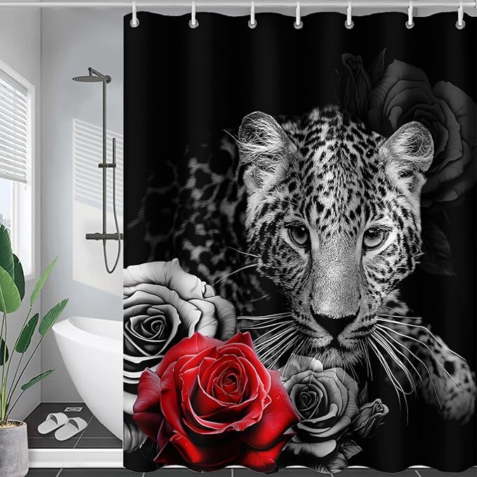AILONEN Grey Leopard Shower Curtains for Women,Rose Leopard Bath Curtains Gifts for Lover,Polyester Waterproof for Bathroom with 12 Plastic Hooks 72" W*78" H Grey
