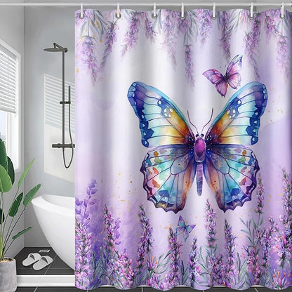 AILONEN Butterfly Shower Curtain for Bathroom, Purple Lavender Bath Curtain Decor,Flower Butterfly Waterproof Shower Curtain with 12 Plastic Hooks (Kids/Girls/Women/Teens) 72" W*78" H