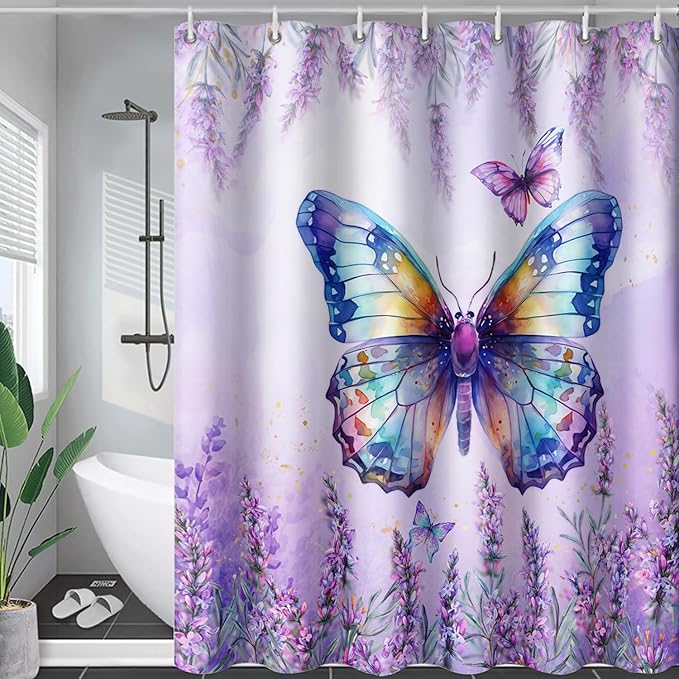 AILONEN Butterfly Shower Curtain for Bathroom, Purple Lavender Bath Curtain Decor,Flower Butterfly Waterproof Shower Curtain with 12 Plastic Hooks (Kids/Girls/Women/Teens) 60" W*72" H