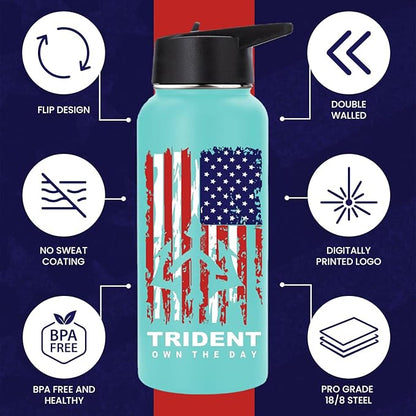 American Flag Water Bottle, 32 oz Insulated Water Bottle, Reusable Water Bottle with Straw, Leak Proof Water Bottles, Thermos Water Bottle - Combat Veteran Small Business (Teal, 32 Oz)