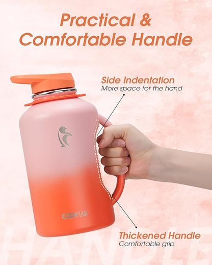 64oz Insulated Water Bottle, Coolflask Half Gallon Water Jug With Handle Straw Stainless Steel Double-Walled Vacuum Metal Large Flask With Strap Bpa-Free Leakproof, Keep Cold 48 Hrs, Sunny Orange