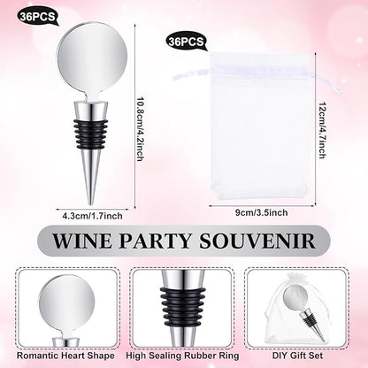 24 Sets Wine Stopper for Wine Bottles Wedding Wine Stopper Champagne Bottle Stoppers Beverage Bottle Stoppers with White Sheer Organza Bags Wedding Party Favor for Guests (Silver)