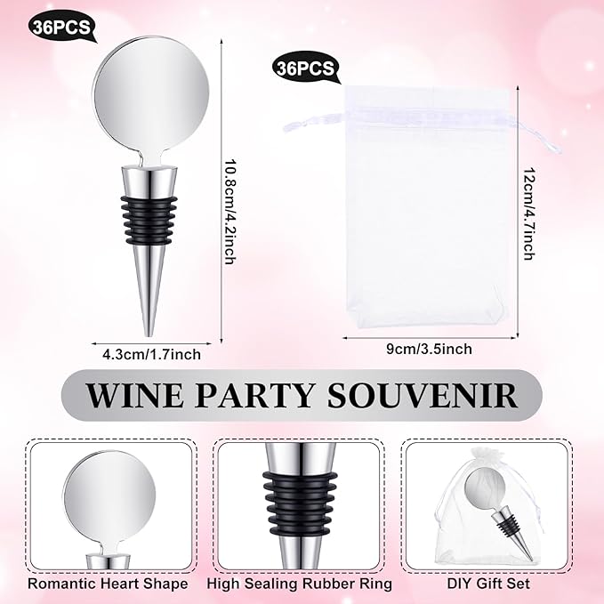 36 Sets Wine Stopper for Wine Bottles Wedding Wine Stopper Champagne Bottle Stoppers Beverage Bottle Stoppers with White Sheer Organza Bags Wedding Party Favor for Guests (Silver)