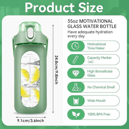 32 oz Glass Water Bottle with Time Marker - 1000ml Large Sports Motivational Water Bottles with Handle & Silicone Case, 1 Liter Leak-proof Measured Drinking Bottle for Gym Fitness Workout (Green)