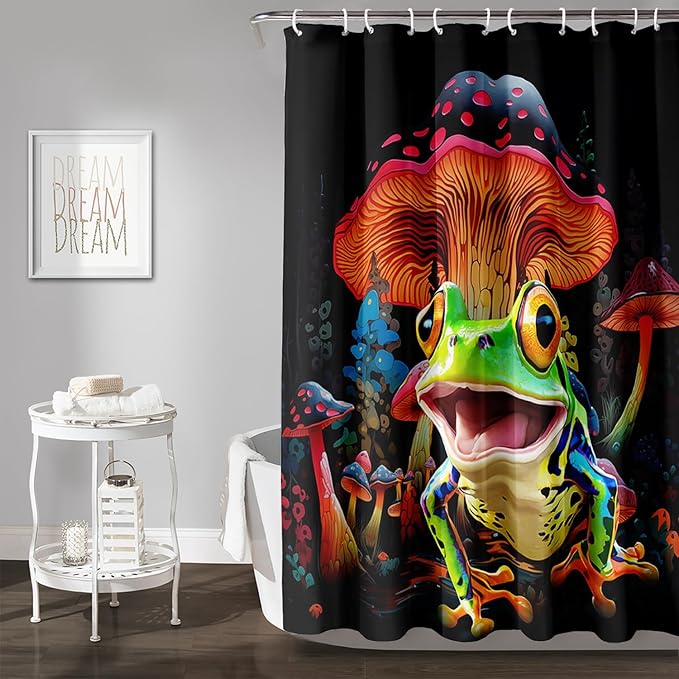 AILONEN Cartoon Tree Frog Shower Curtain,Magic Mushroom Shower Curtain Set for Bathroom for Kids Girls,Boho Style Waterproof Bath Curtain,Tropical Amphibian Bathroom Curtain with Hooks, 72" W*96" H