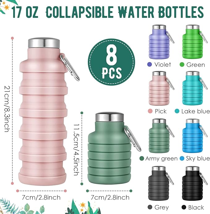 Lallisa 8 Pcs Collapsible Water Bottle Reusable Silicone Foldable Water Bottles 17 oz Portable Lightweight Sports Water Bottle with Carabiner for Gym Hiking Camping Travel (Fresh Colors)