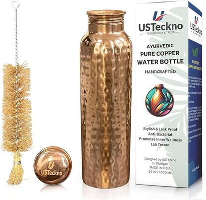 Copper Water Bottle - 34 Oz Extra Large Hammered Ayurvedic Copper Bottle for Travel,Yoga,Gym Lower Your Sugar Intake And Enjoy Health Benefits Immediately. Lab Tested (Hammered Finish)