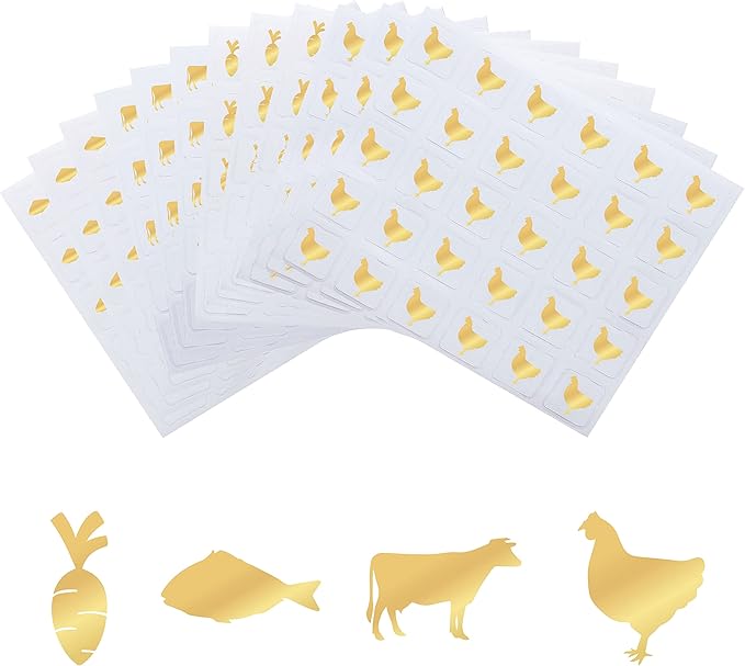 OLYCRAFT 1200pcs 4 Styles Gold Meal Stickers 1 Inch Food Choice Sticker Cow/Chicken/Fish/Carrot Wedding Meal Indicator Stickers Kitchen Stickers Meal Stickers for Place Card Wedding Party Supplies