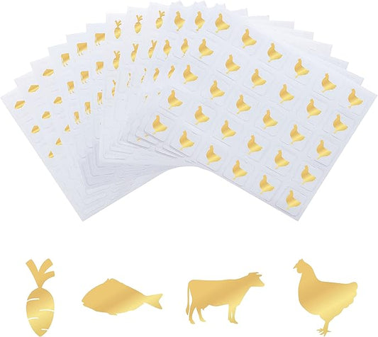 OLYCRAFT 1200pcs 4 Styles Gold Meal Stickers 1 Inch Food Choice Sticker Cow/Chicken/Fish/Carrot Wedding Meal Indicator Stickers Kitchen Stickers Meal Stickers for Place Card Wedding Party Supplies