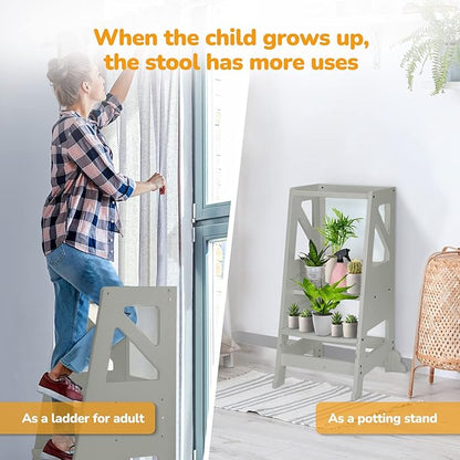 Toddler Step Stool - Toddler Tower with Message Boards & Safty Rail, Adjustable Height Learning Tower for Toddlers 1-3, Chalkboard and Whiteboard, Anti-Slip Protection,Wooden Toddler Counter (Grey)